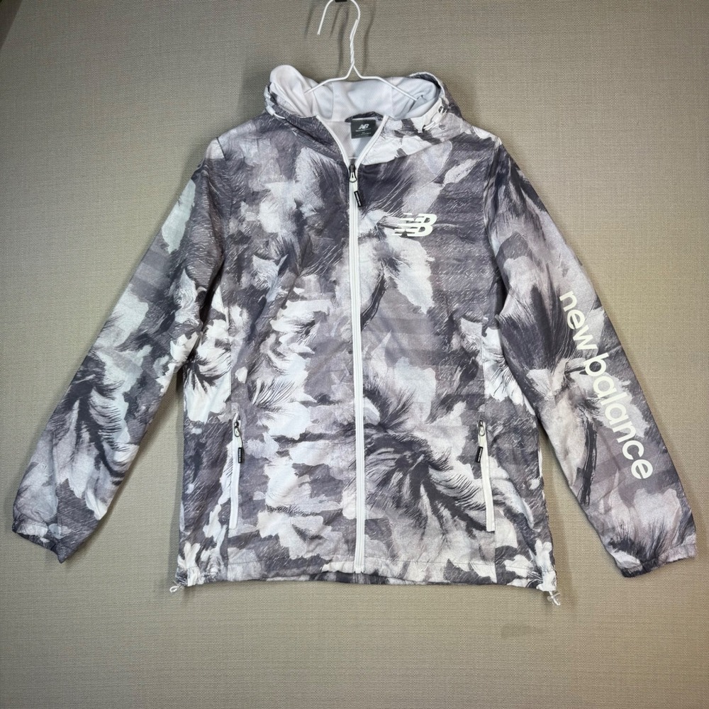 New Balance Womens Full Zip Hooded Windbreaker Gray White Watercolor Size M